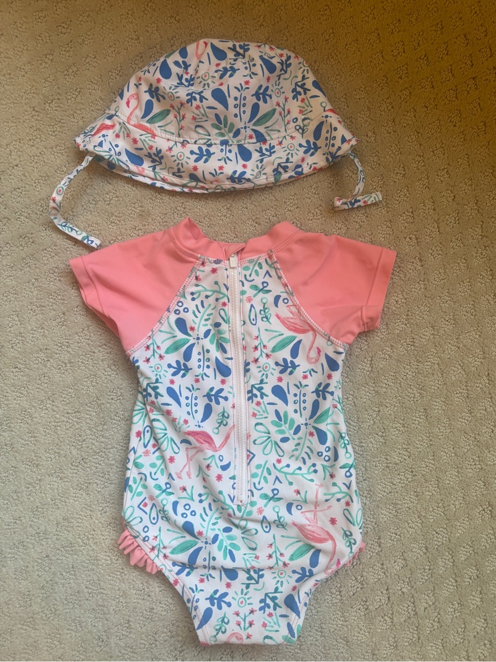 Floatimini Pink and White Floral One-Piece Rash Guard with Matching Hat